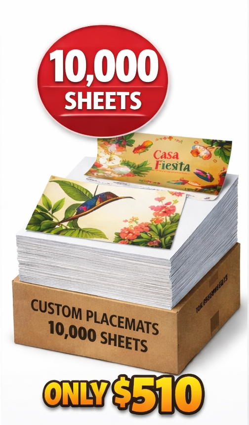 Custom Printed Restaurant Placemats – 10,000 Sheets (10” x 14”)